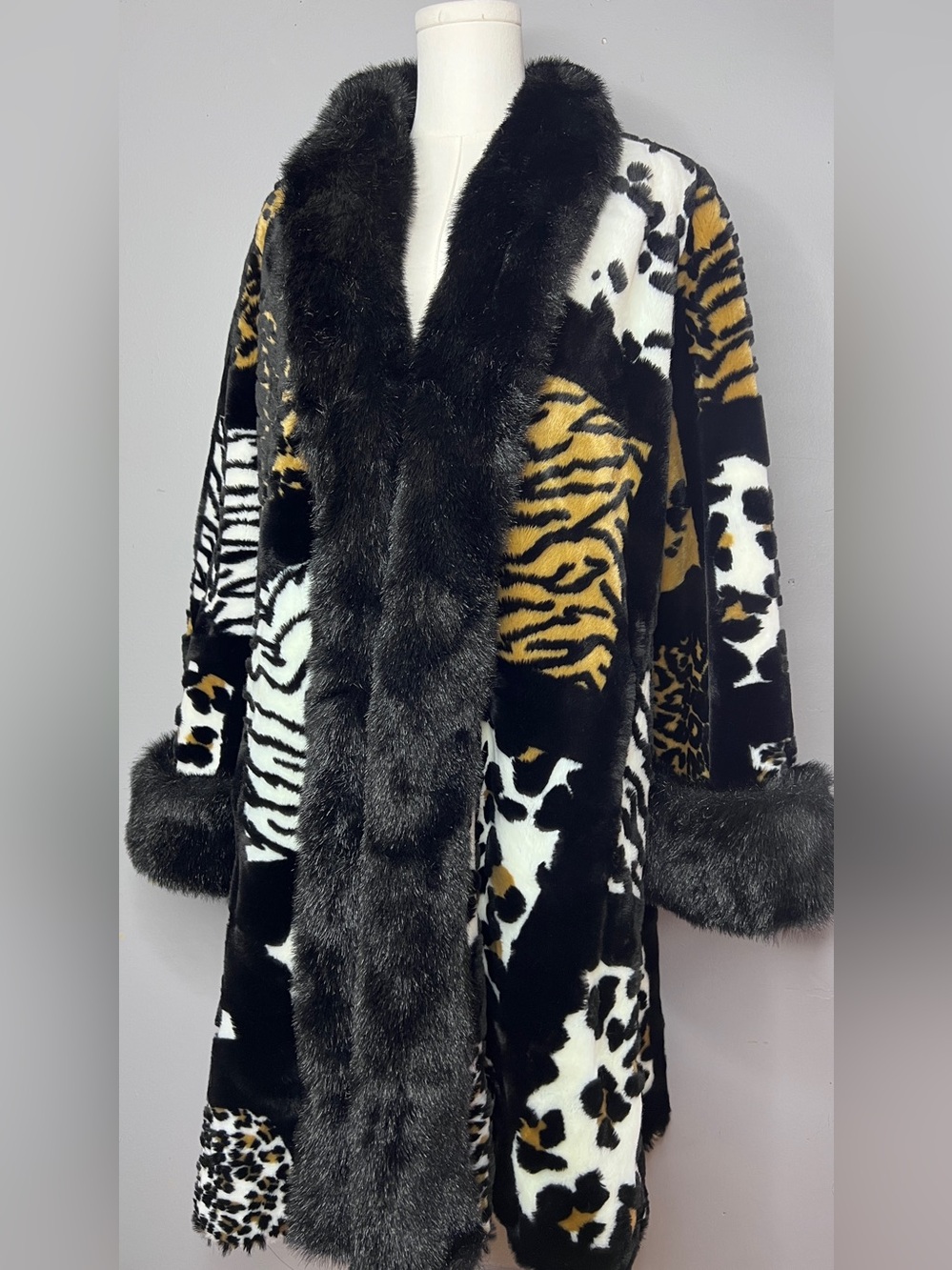 Vintage Olympia Patchwork Faux Fur Animal Print Coat Size Medium - Picture 2 of 15